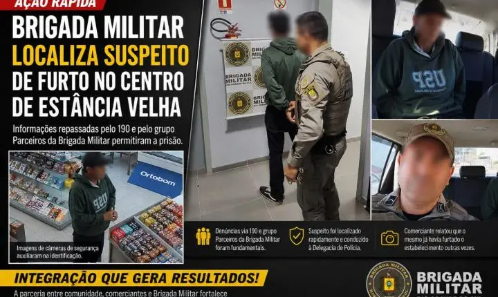 Integração entre Brigada Militar e comerciantes resulta na localização de suspeito de furto em Estância Velha